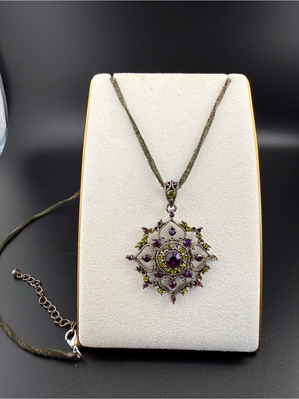 Olive Green and Purple Filigree Pendant Necklace